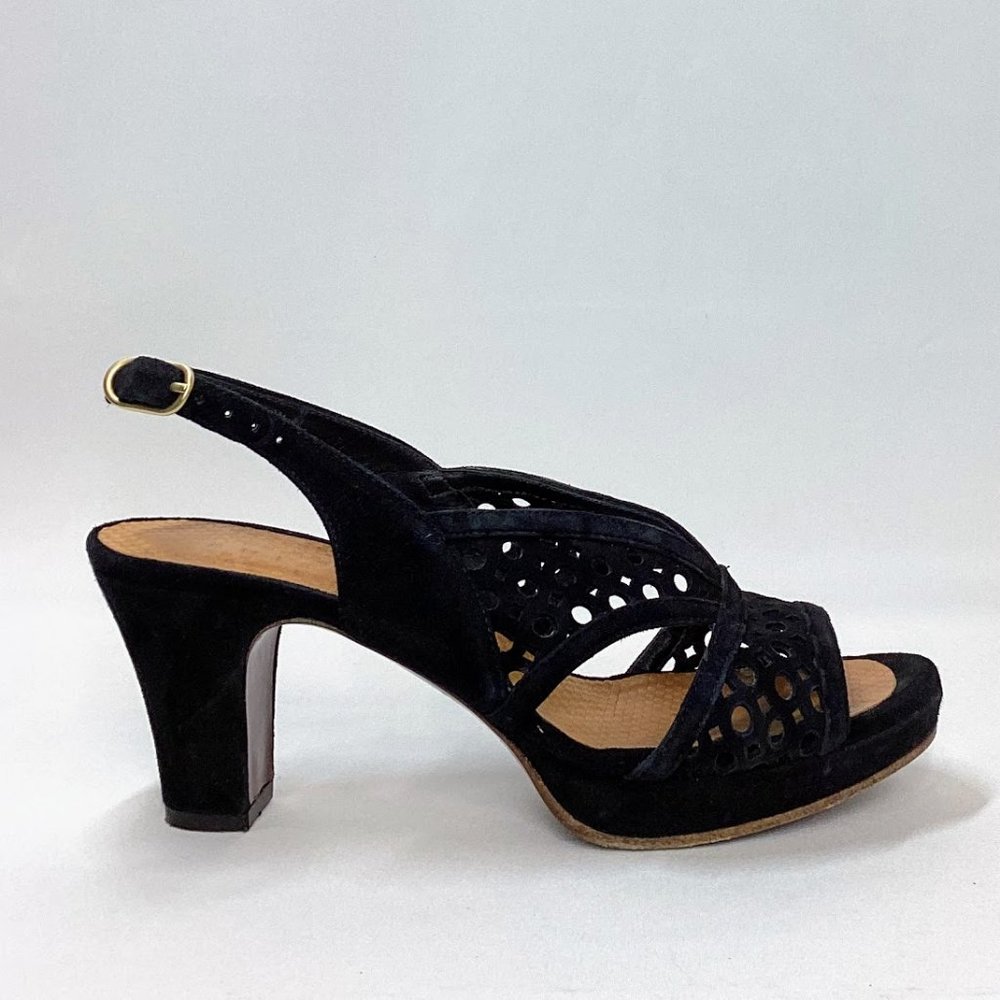 Chie Mihara Black Suede Cutout Slingback Sandals